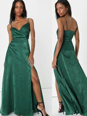 Lulus Constantine Emerald Green Satin Maxi Dress Size Large NWOT